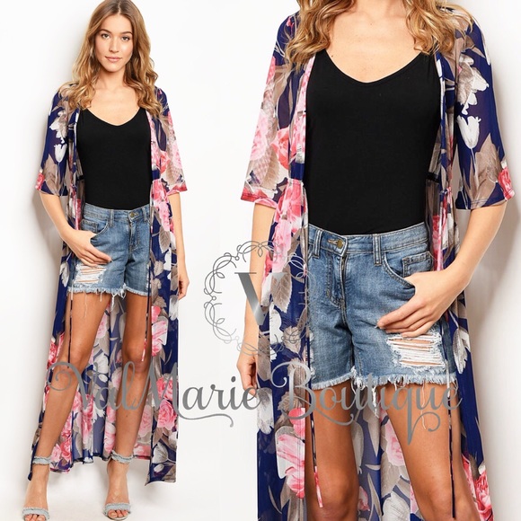 Navy floral kimono cardigan - Picture 2 of 3